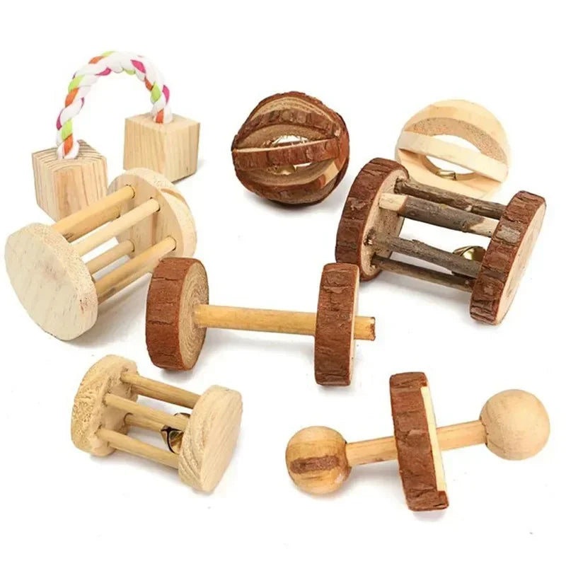 Wooden Roller Chew Toys – Natural Dumbbells & Bells for Small Pets