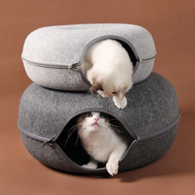 Donut Cat Tunnel Bed – Felt Cat House & Interactive Toy for Kittens