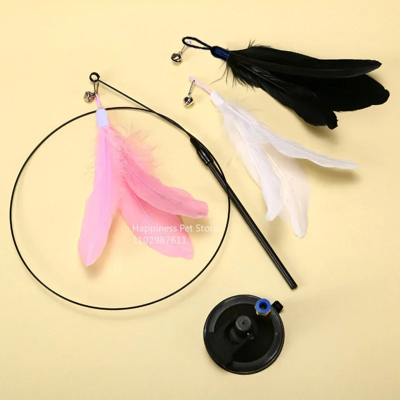 Cat Teaser Wand with Suction Cup – Feather Toy with Bell & Replaceable Head