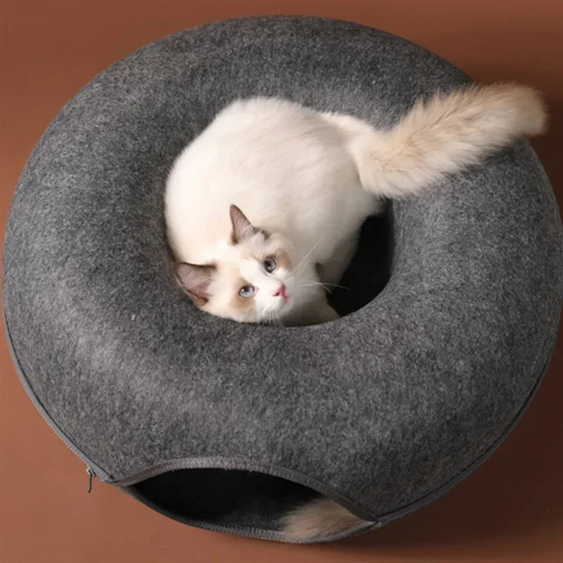 Felt Donut Cat Bed with Breather Hole & Hideaway Tunnel
