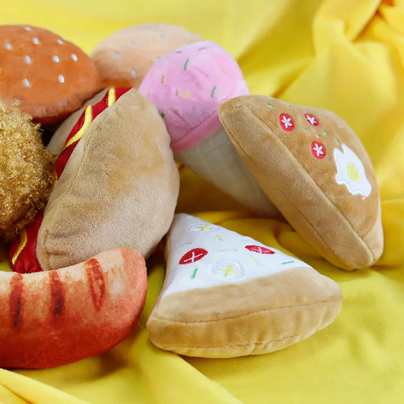 Plush Squeaky Dog Toys – Food-Shaped Chew Toys (Ice Cream, Fries, Hamburger)