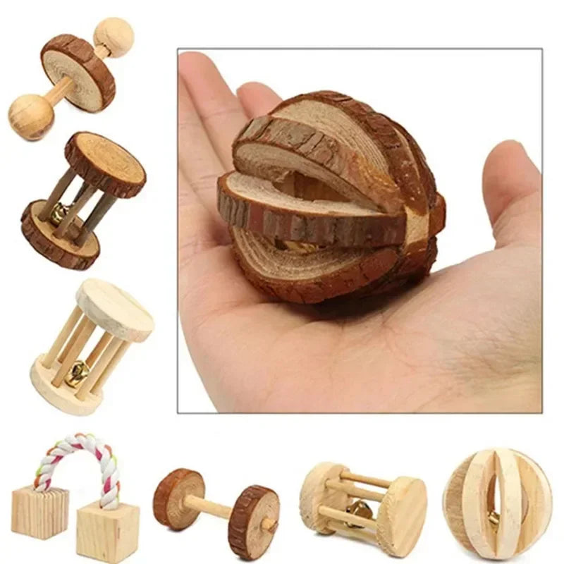 Wooden Roller Chew Toys – Natural Dumbbells & Bells for Small Pets