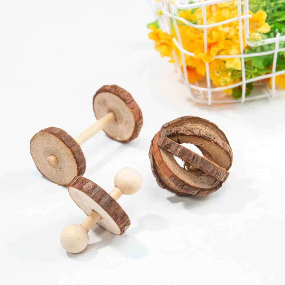 Wooden Roller Chew Toys – Natural Dumbbells & Bells for Small Pets