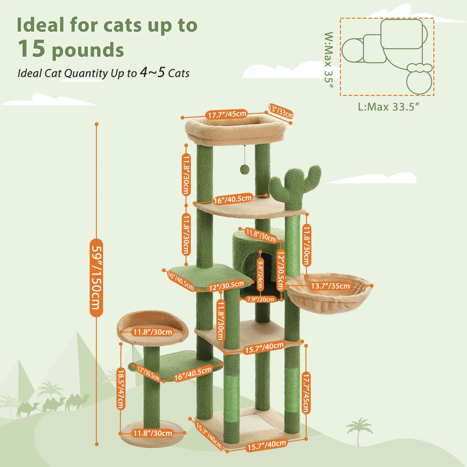 Large Indoor Cat Tree with XL Hammock & Scratching Posts