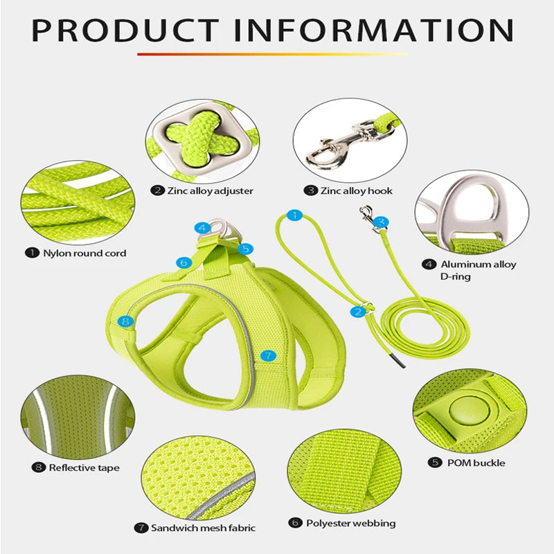 Reflective Dog Harness & Leash Set – Adjustable Pet Vest for Small & Medium Dogs