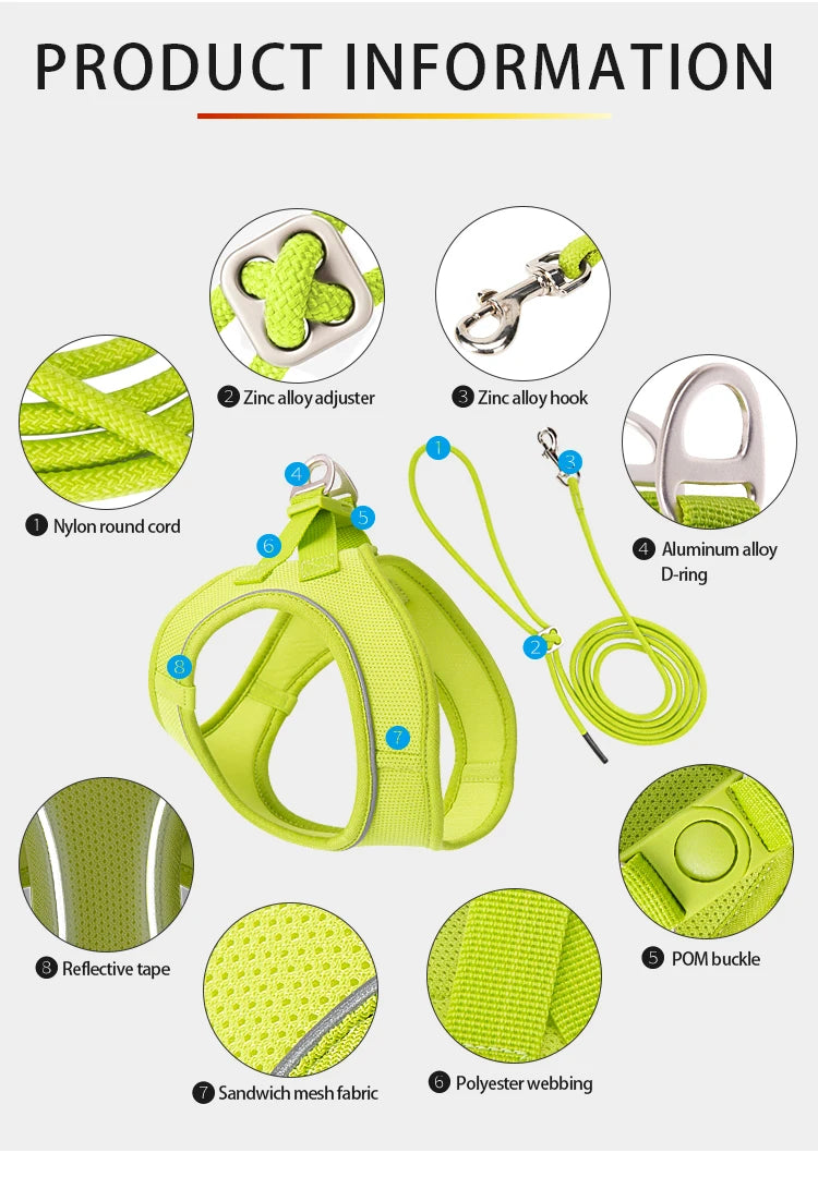 Reflective Dog Harness & Leash Set – Adjustable Pet Vest for Small & Medium Dogs