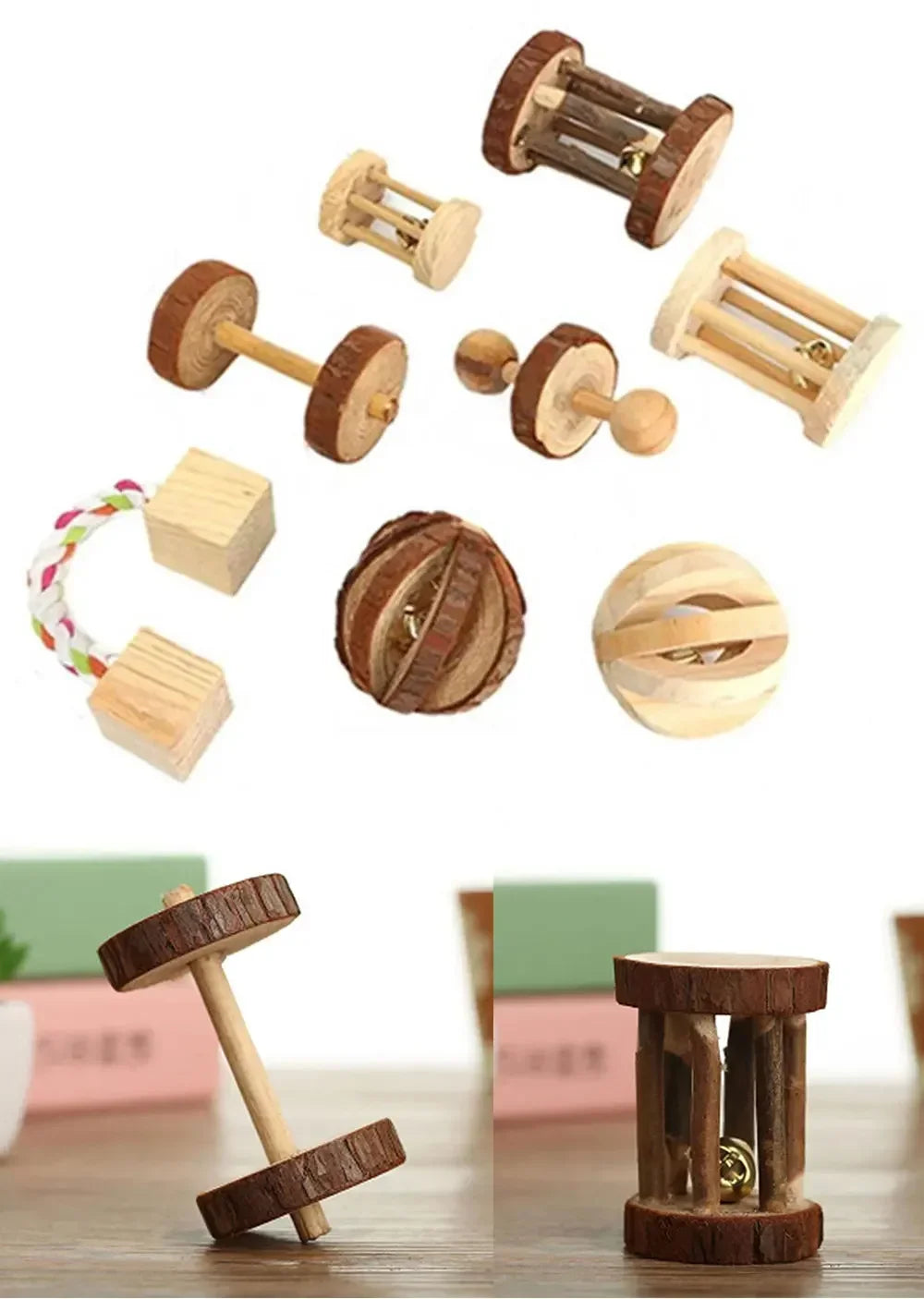 Wooden Roller Chew Toys – Natural Dumbbells & Bells for Small Pets