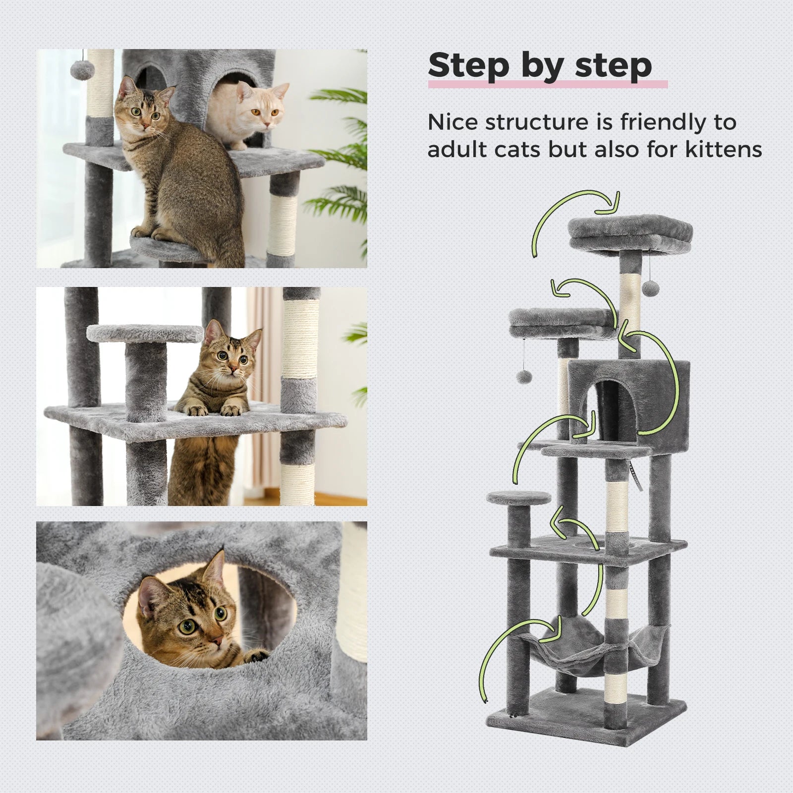 Large Indoor Cat Tree with XL Hammock & Scratching Posts