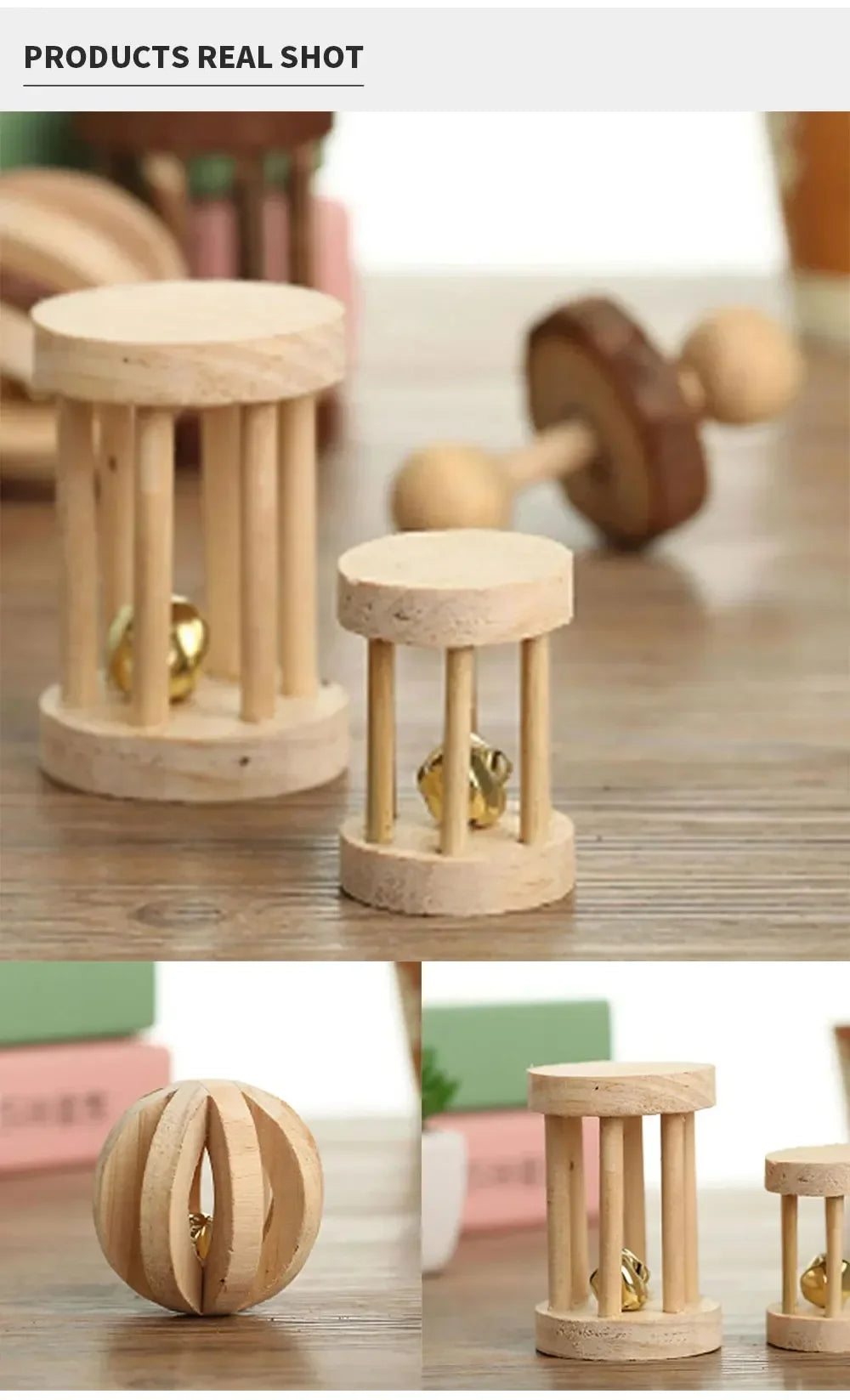 Wooden Roller Chew Toys – Natural Dumbbells & Bells for Small Pets