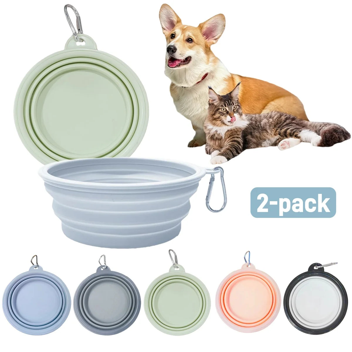 2PCS Collapsible Pet Bowls – Portable Silicone Food & Water Dishes with Carabiner