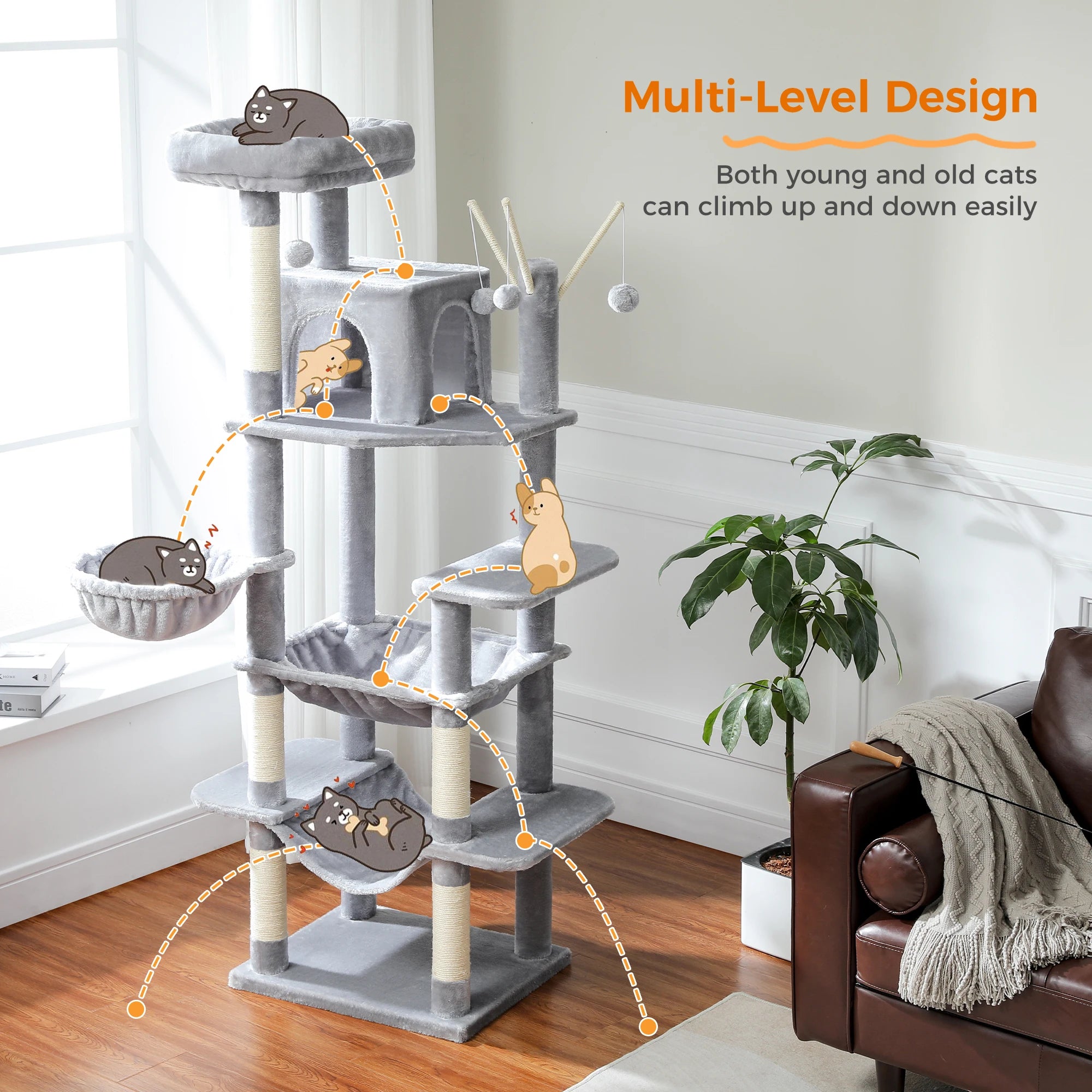 Large Indoor Cat Tree with XL Hammock & Scratching Posts