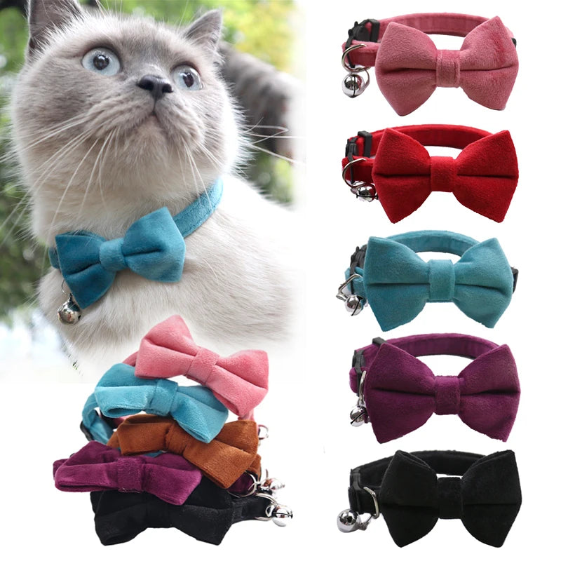 Velvet Cat Collar with Bow & Bell – Adjustable Safety Collar for Cats & Small Dogs