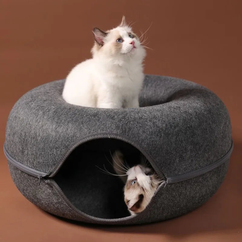 Donut Cat Tunnel Bed – Felt Cat House & Interactive Toy for Kittens