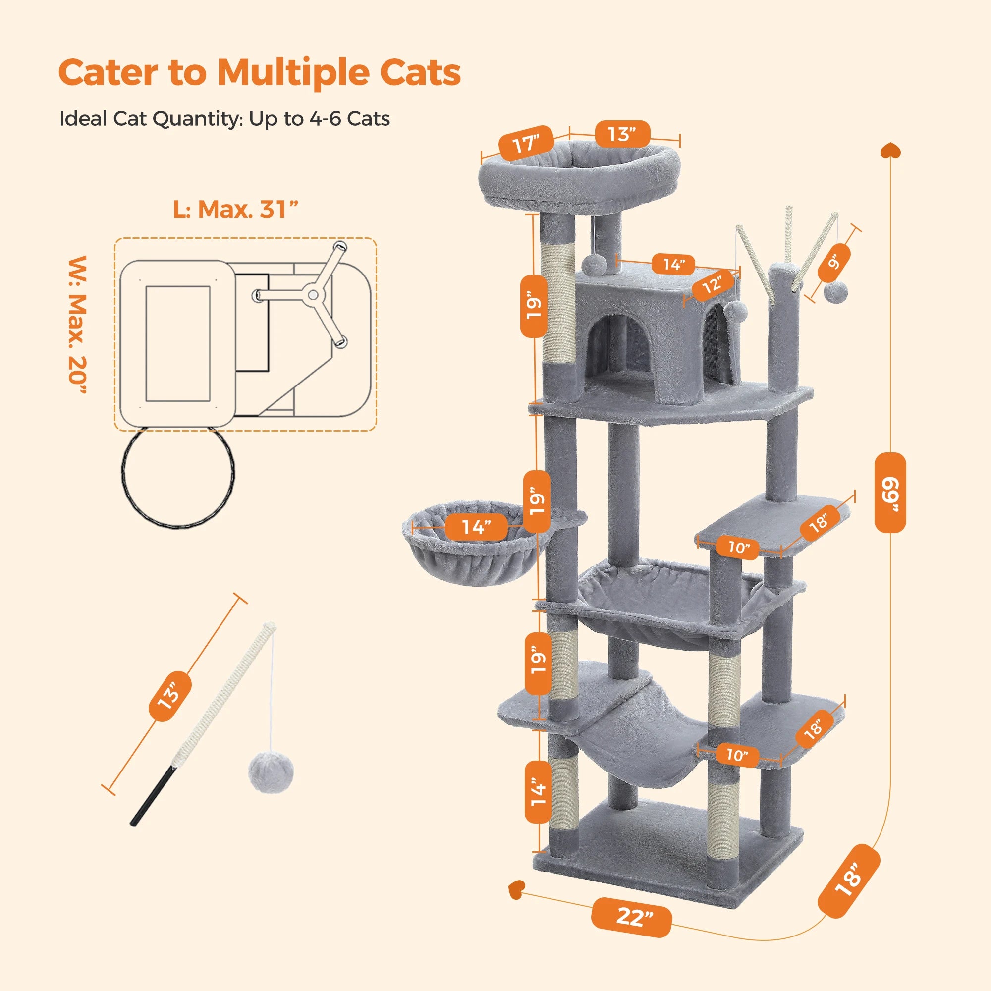 Large Indoor Cat Tree with XL Hammock & Scratching Posts