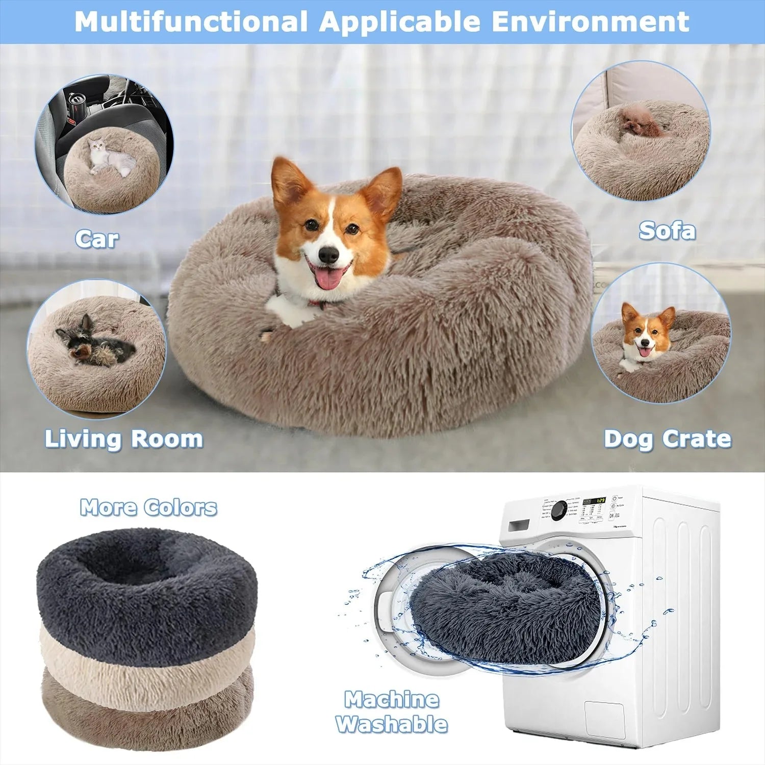 Round Plush Dog & Cat Bed – Warm Washable Pet Sofa for Winter