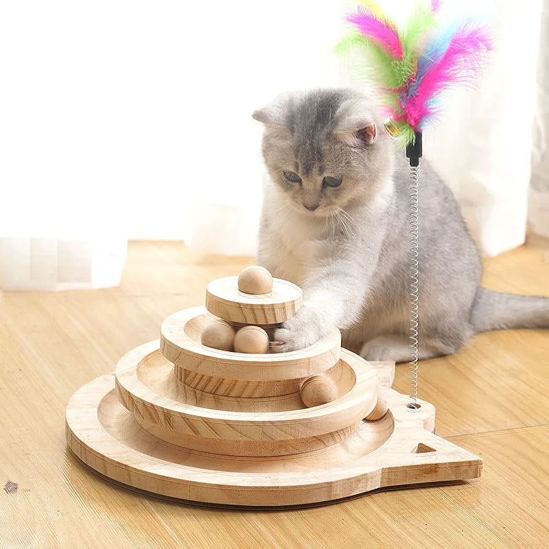 Wooden 2/3-Level Cat Toy Tower with Balls