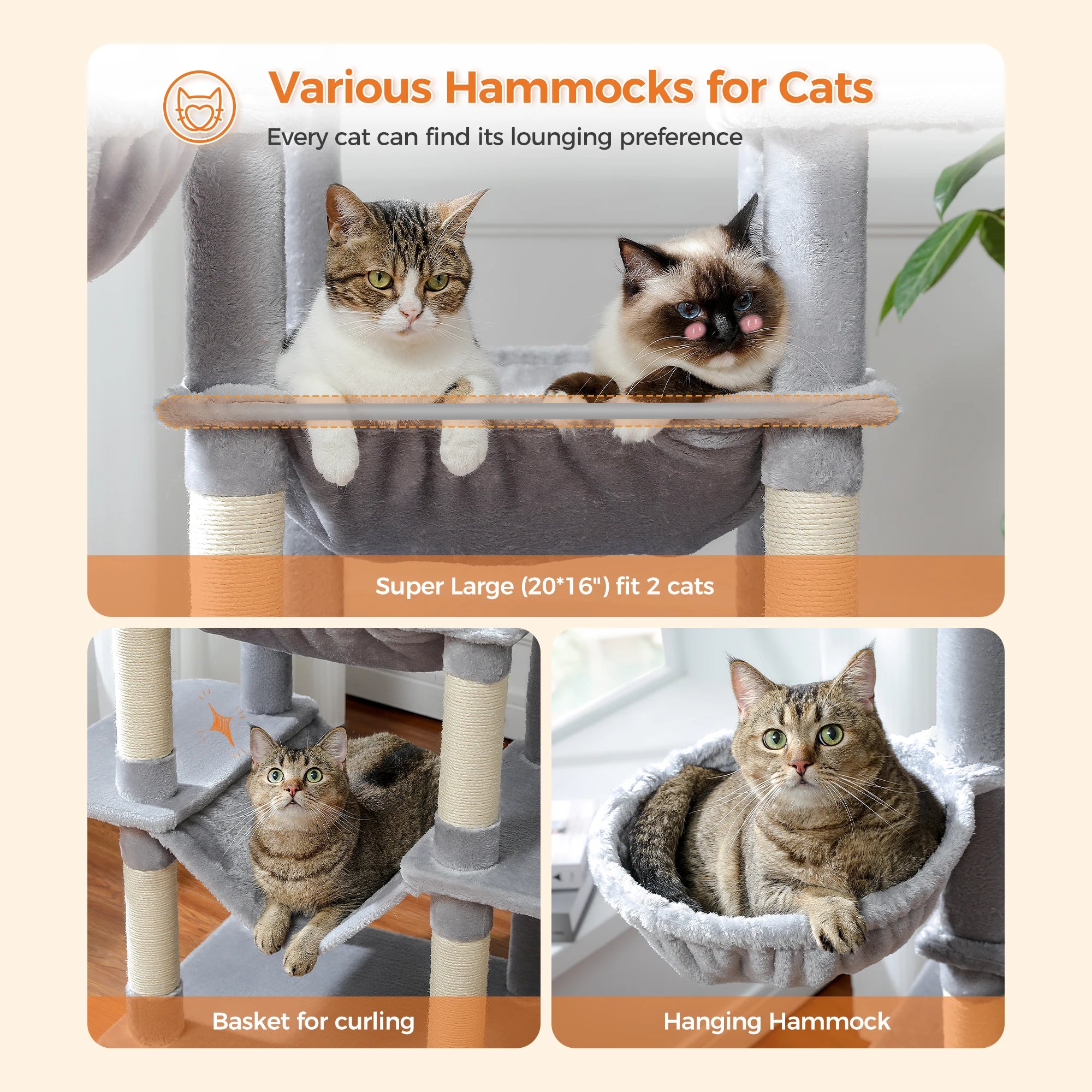 Large Indoor Cat Tree with XL Hammock & Scratching Posts