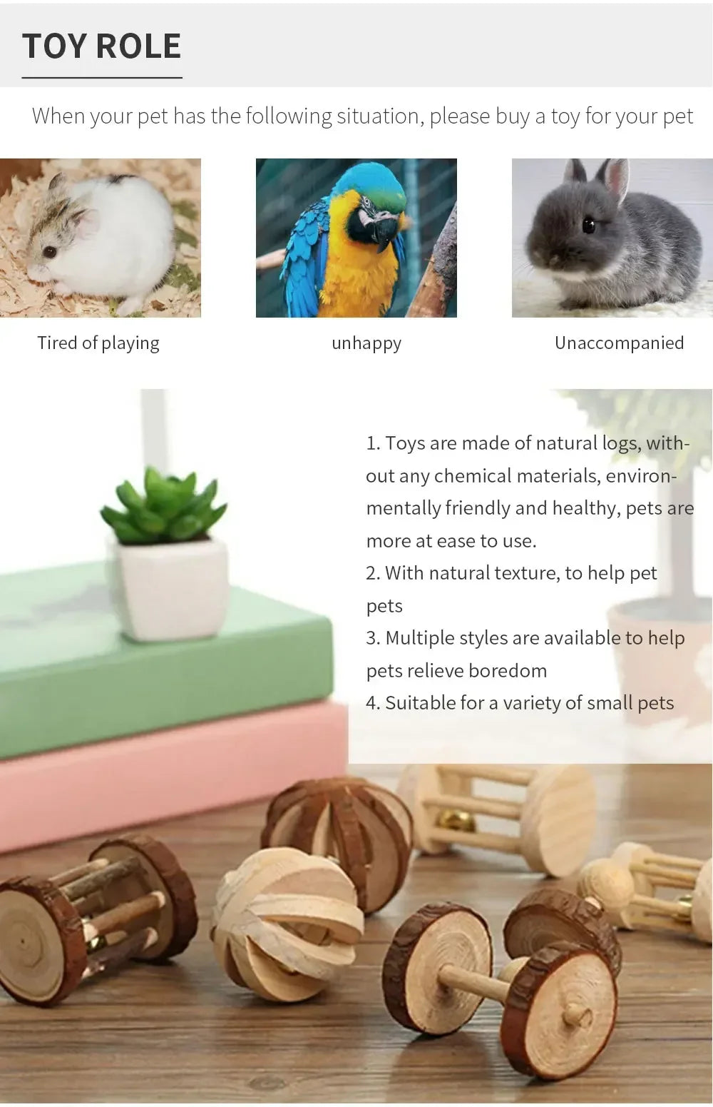 Wooden Roller Chew Toys – Natural Dumbbells & Bells for Small Pets