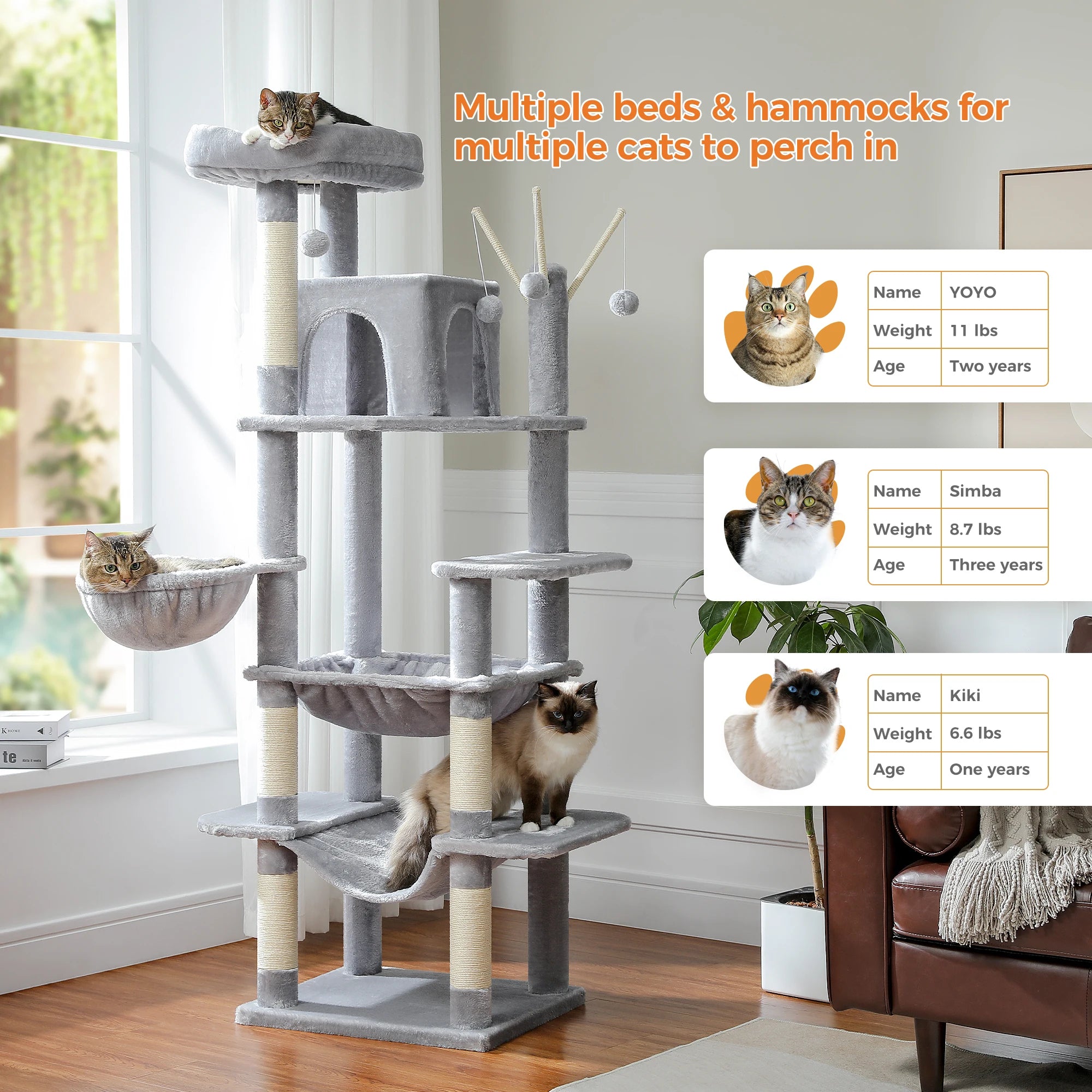 Large Indoor Cat Tree with XL Hammock & Scratching Posts