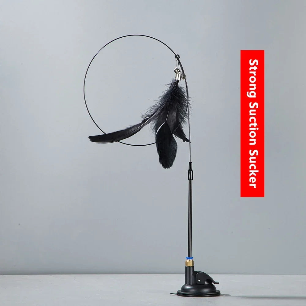 Cat Teaser Wand with Suction Cup – Feather Toy with Bell & Replaceable Head