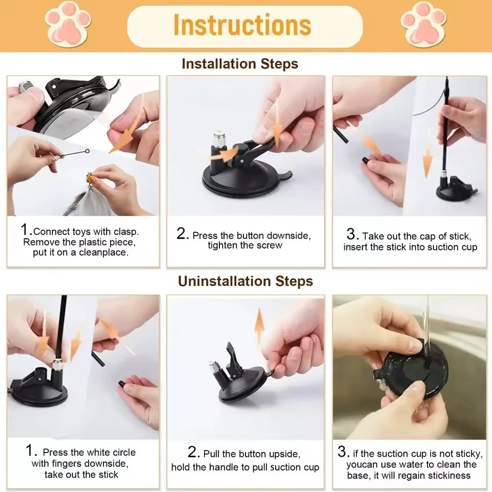 Cat Teaser Wand with Suction Cup – Feather Toy with Bell & Replaceable Head