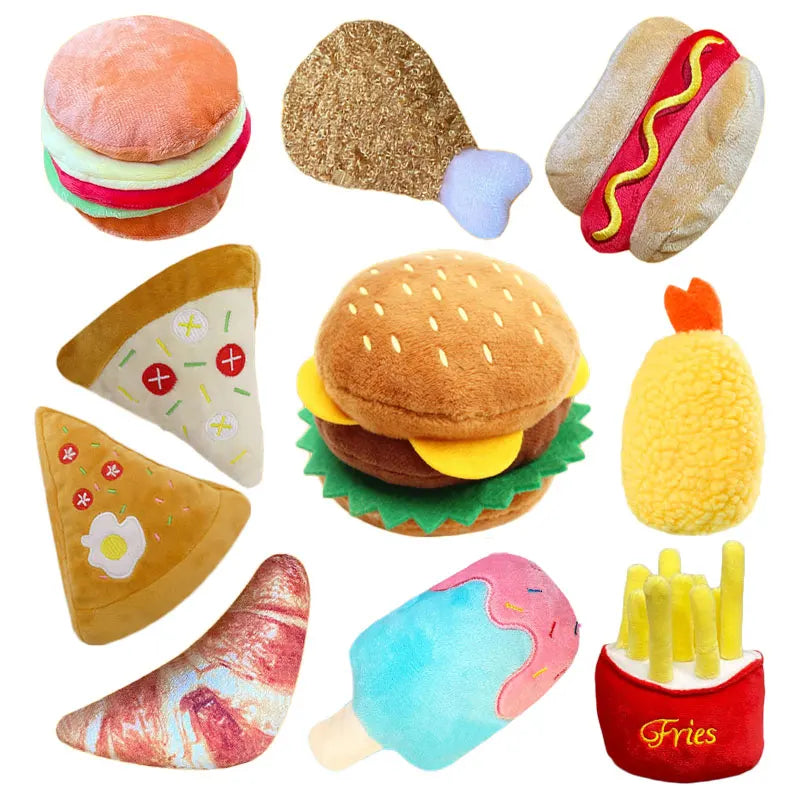 Plush Squeaky Dog Toys – Food-Shaped Chew Toys (Ice Cream, Fries, Hamburger)