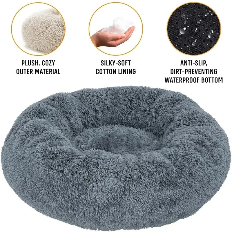 Round Plush Dog & Cat Bed – Warm Washable Pet Sofa for Winter