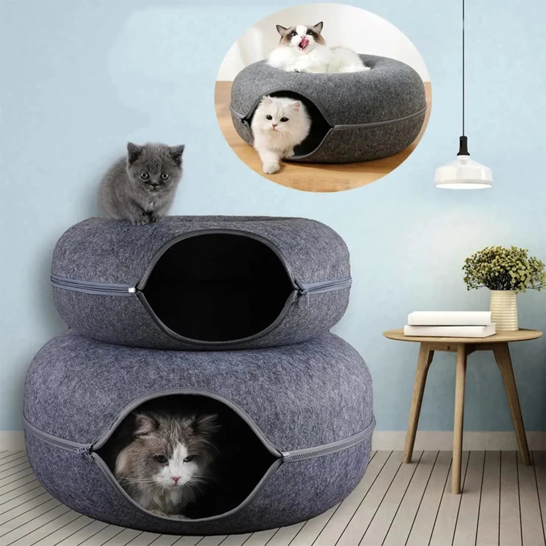 Donut Cat Tunnel Bed – Felt Cat House & Interactive Toy for Kittens