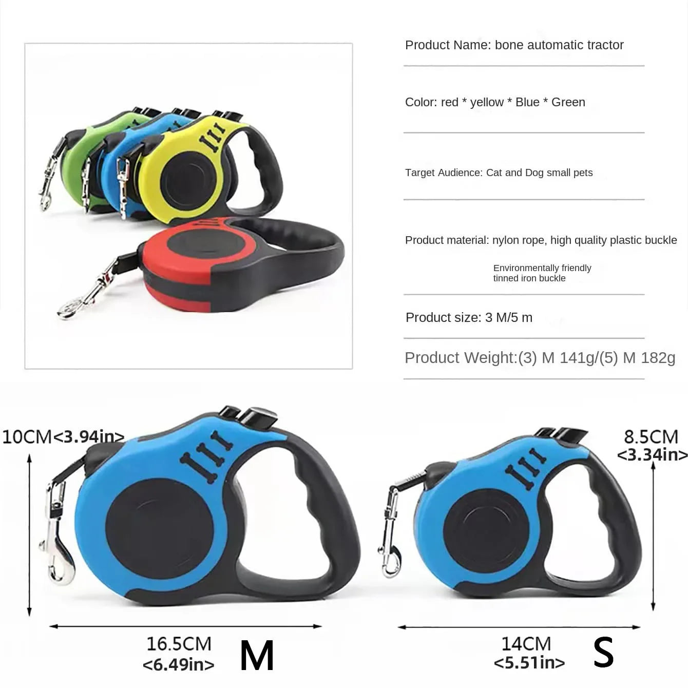 Retractable Dog Leash – 3M/5M Durable Nylon Lead for Small to Large Pet