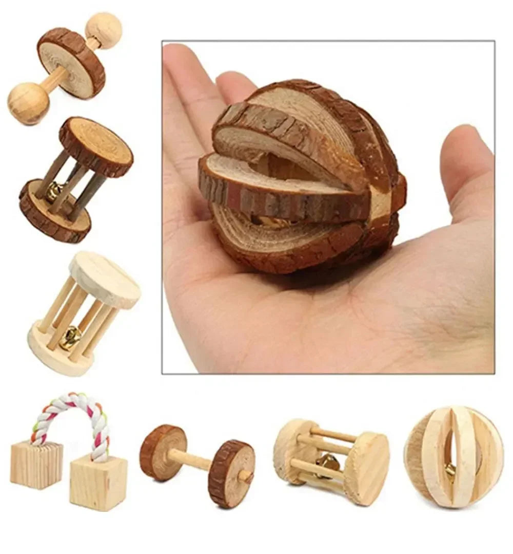 Wooden Roller Chew Toys – Natural Dumbbells & Bells for Small Pets