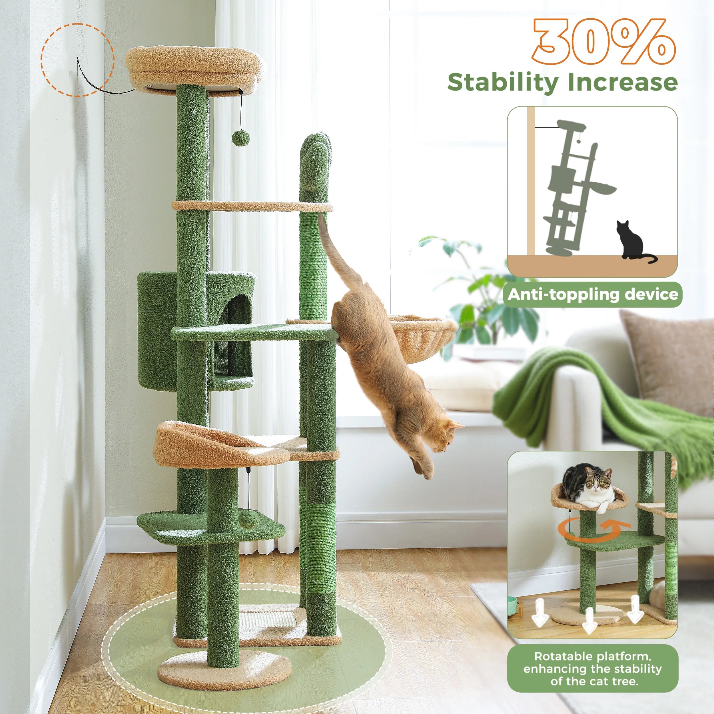 Large Indoor Cat Tree with XL Hammock & Scratching Posts