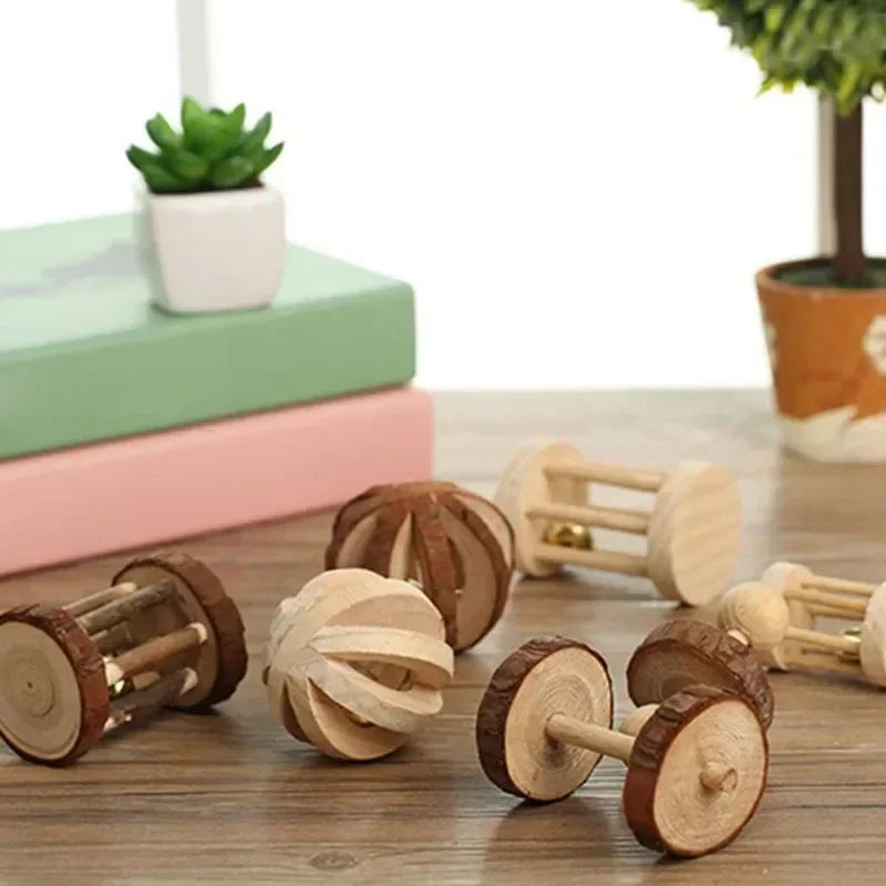 Wooden Roller Chew Toys – Natural Dumbbells & Bells for Small Pets