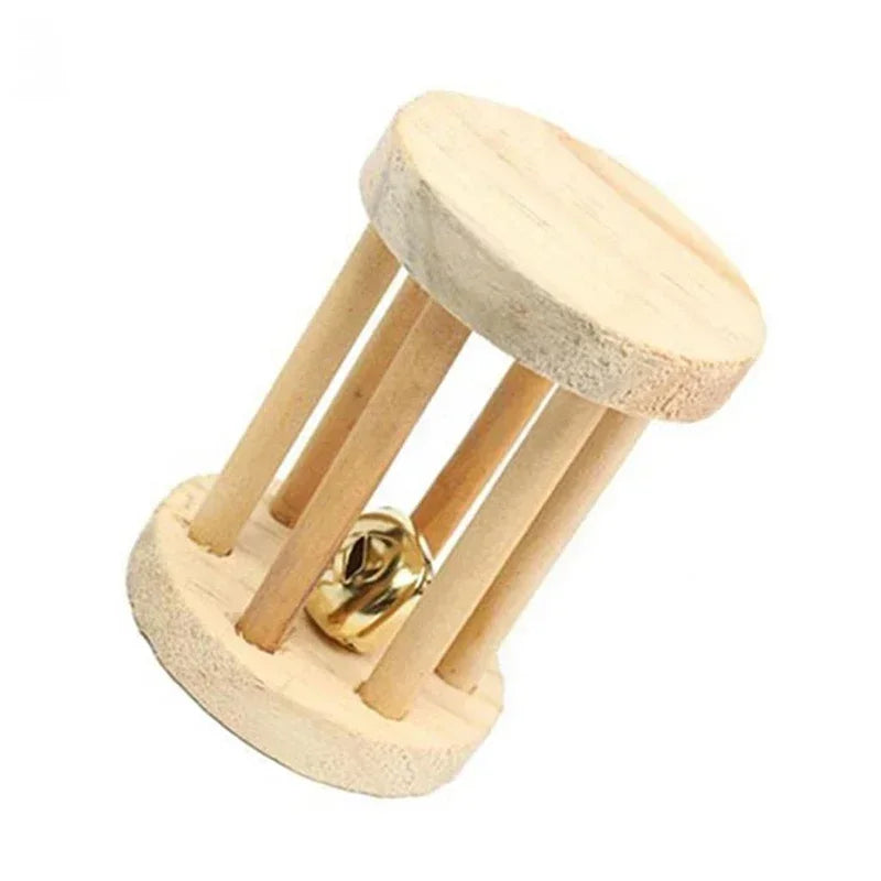 Wooden Roller Chew Toys – Natural Dumbbells & Bells for Small Pets