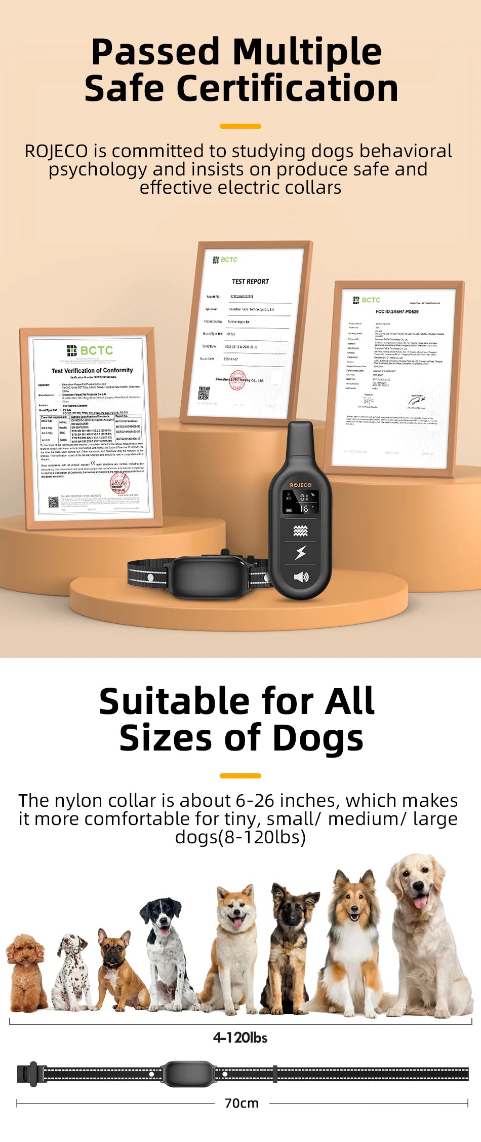 ROJECO Electric Dog Training Collar Digital Rechargeable Remote Control IPX7 Waterproof Vibrator Pet Dog Bark Stop Shock Collar