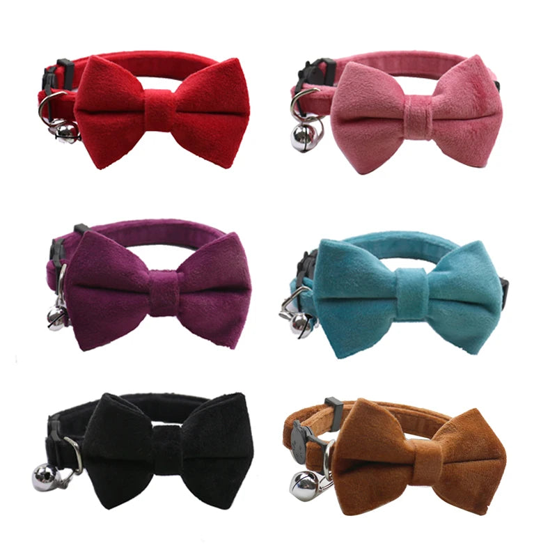 Velvet Cat Collar with Bow & Bell – Adjustable Safety Collar for Cats & Small Dogs