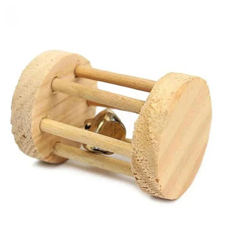 Wooden Roller Chew Toys – Natural Dumbbells & Bells for Small Pets
