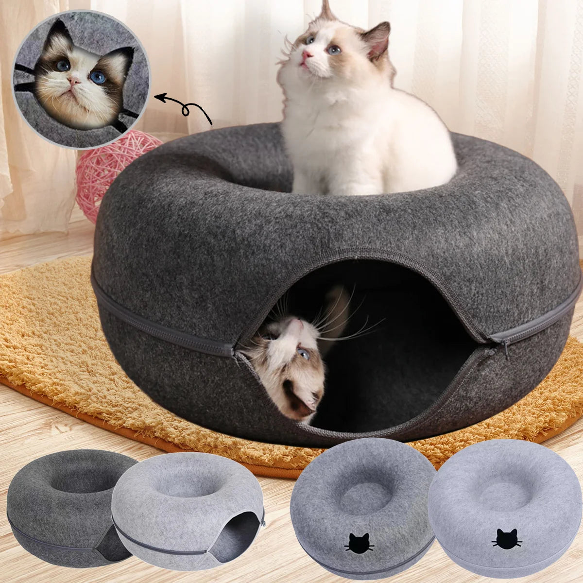 Felt Donut Cat Bed with Breather Hole & Hideaway Tunnel