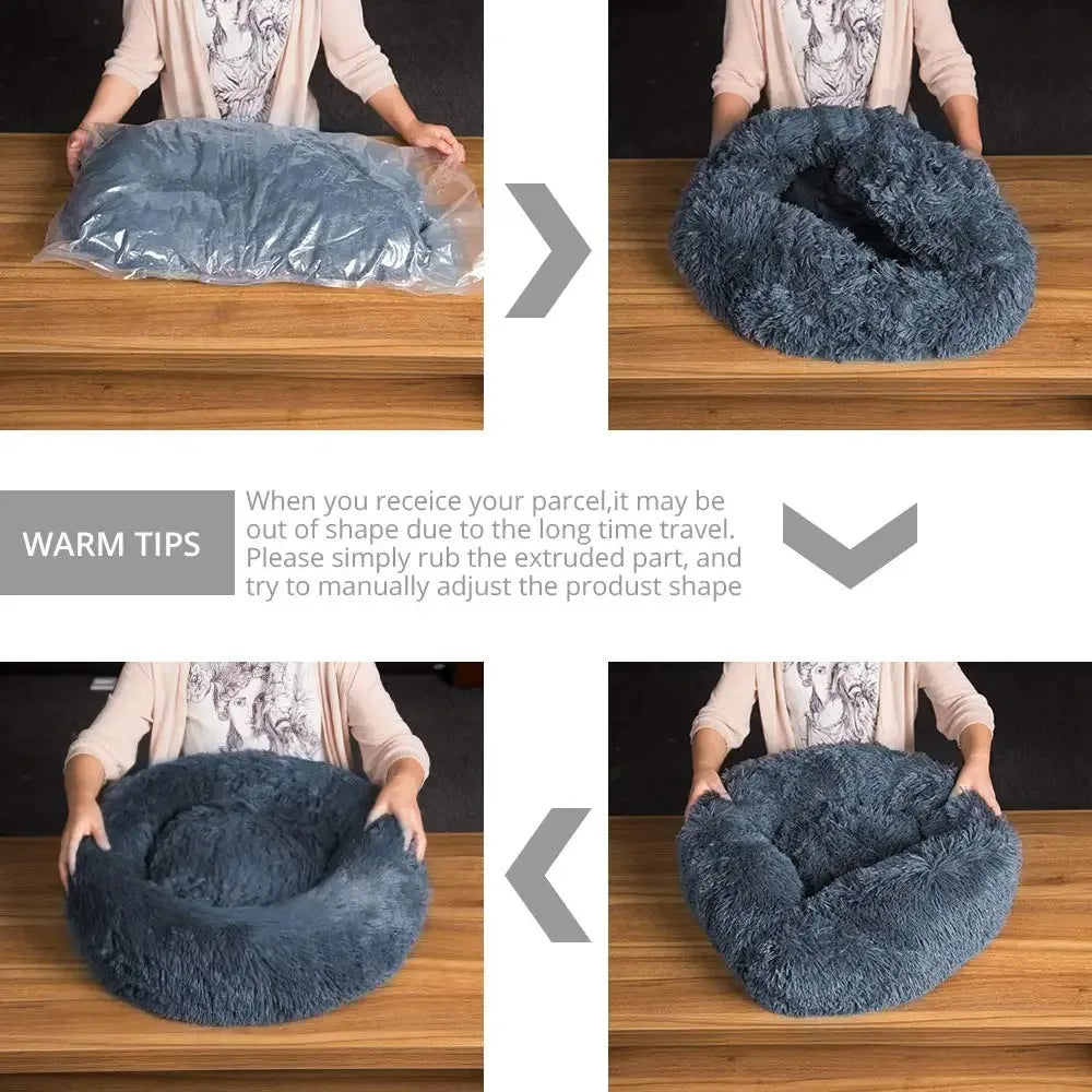 Round Plush Dog & Cat Bed – Warm Washable Pet Sofa for Winter