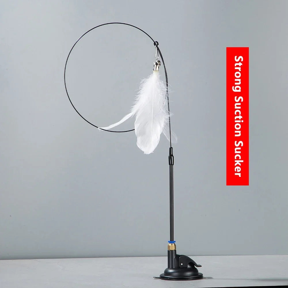 Cat Teaser Wand with Suction Cup – Feather Toy with Bell & Replaceable Head