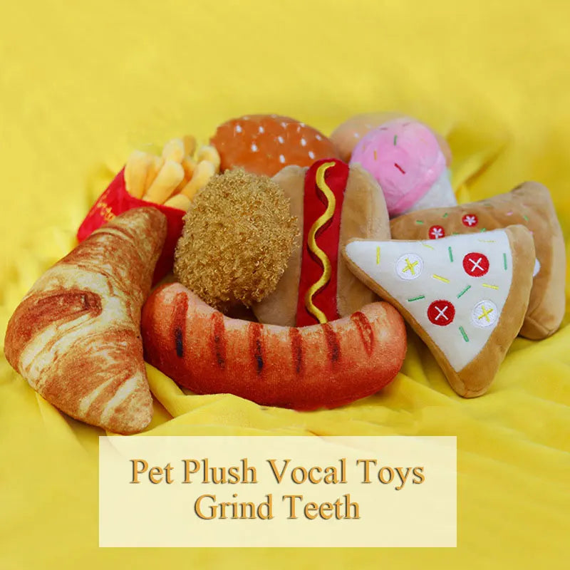Plush Squeaky Dog Toys – Food-Shaped Chew Toys (Ice Cream, Fries, Hamburger)