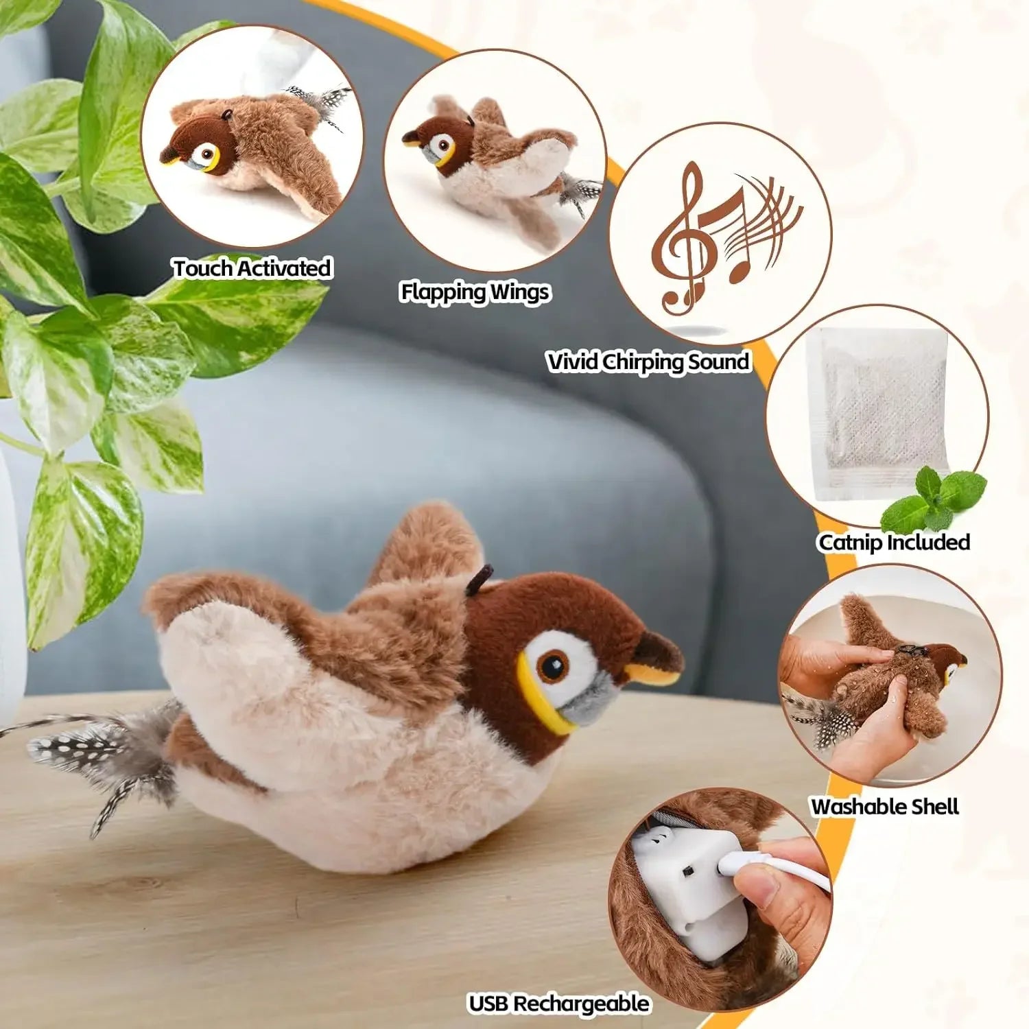 Rechargeable Flapping Bird Cat Toy – Touch-Activated Plush with Catnip
