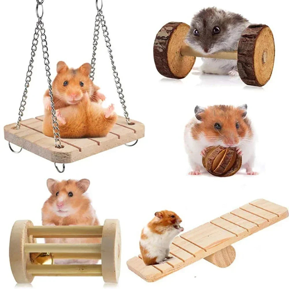 Wooden Roller Chew Toys – Natural Dumbbells & Bells for Small Pets