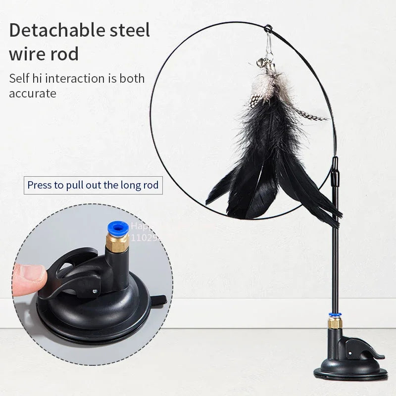 Cat Teaser Wand with Suction Cup – Feather Toy with Bell & Replaceable Head