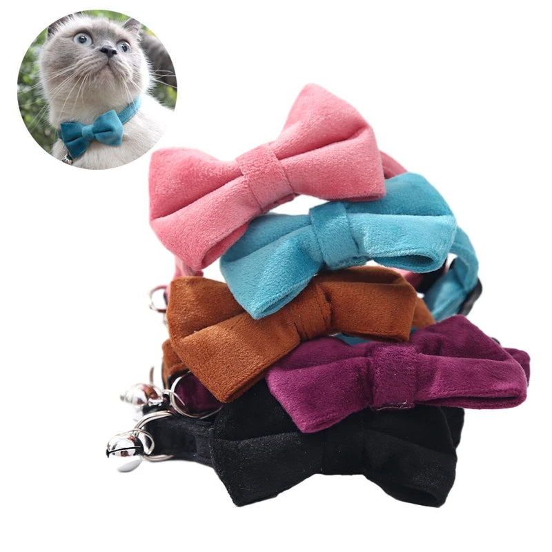 Velvet Cat Collar with Bow & Bell – Adjustable Safety Collar for Cats & Small Dogs