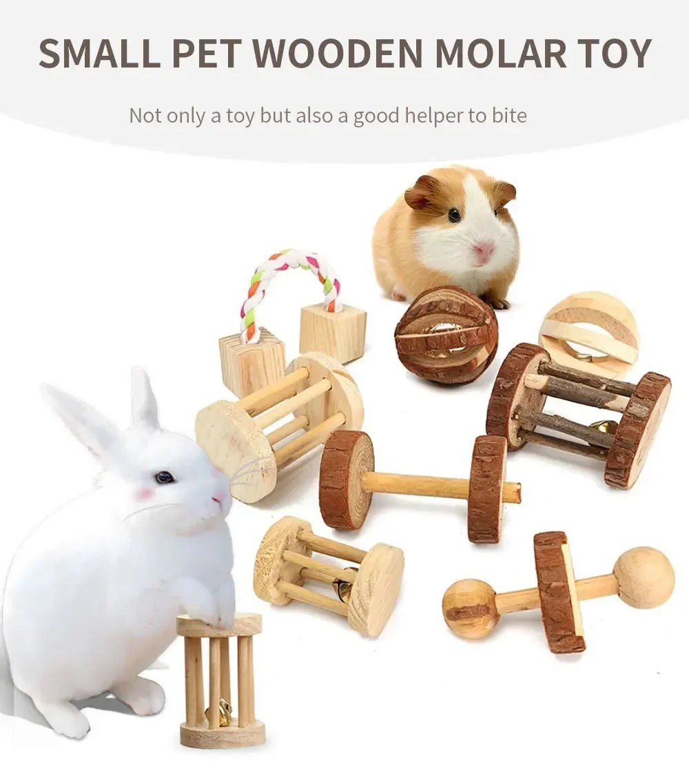 Wooden Roller Chew Toys – Natural Dumbbells & Bells for Small Pets