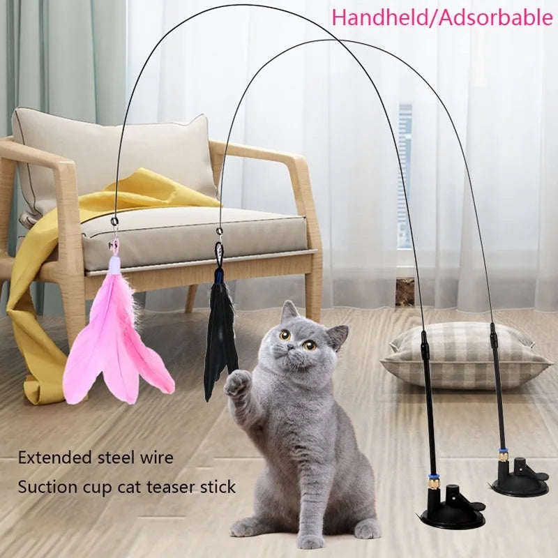 Cat Teaser Wand with Suction Cup – Feather Toy with Bell & Replaceable Head