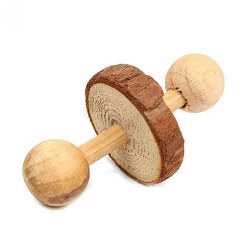 Wooden Roller Chew Toys – Natural Dumbbells & Bells for Small Pets