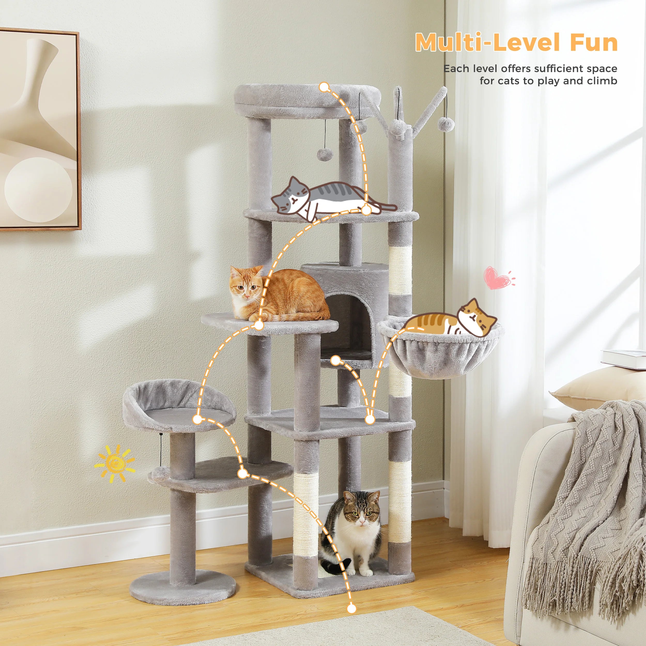 Large Indoor Cat Tree with XL Hammock & Scratching Posts
