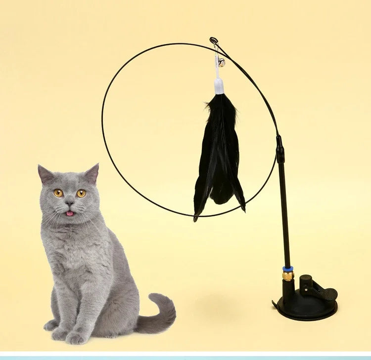 Cat Teaser Wand with Suction Cup – Feather Toy with Bell & Replaceable Head
