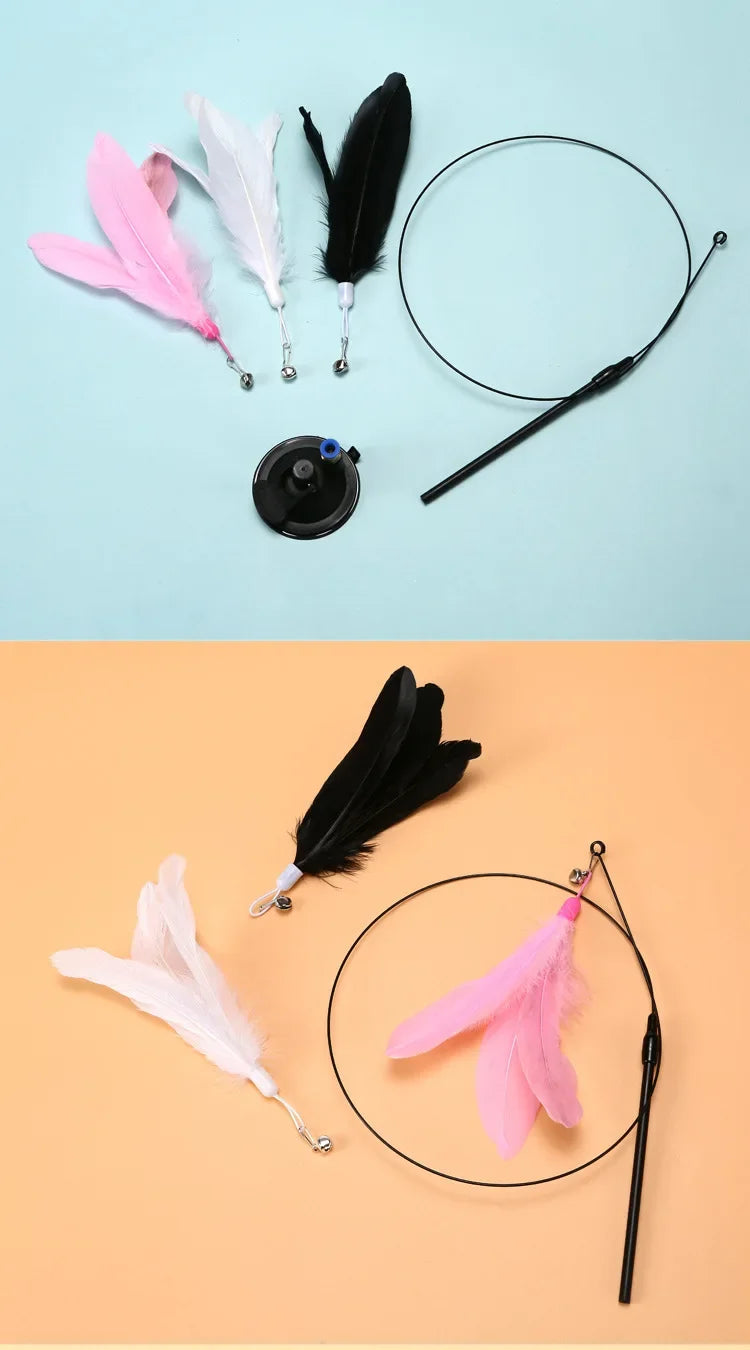 Cat Teaser Wand with Suction Cup – Feather Toy with Bell & Replaceable Head